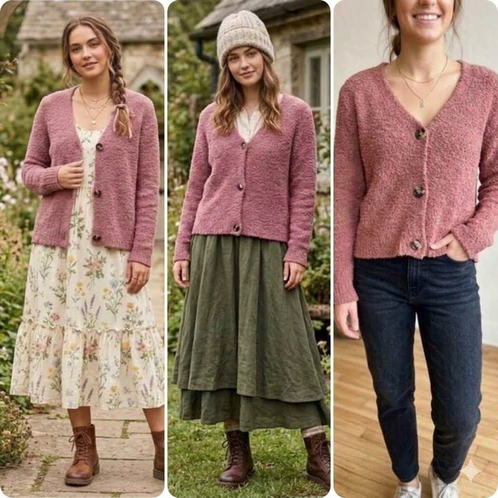 Woven Heart Plush Knit Cardigan V-Neck Button Front M Sweater Boho Cozy Cottage